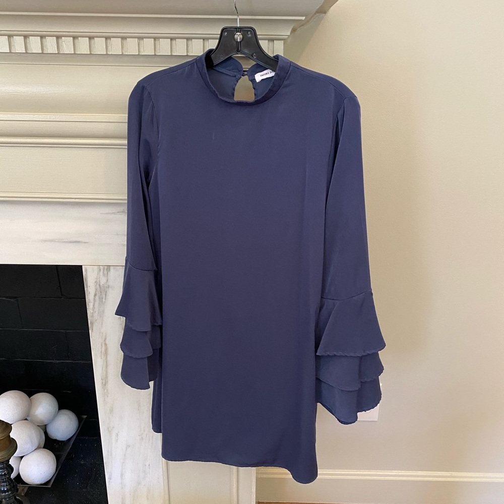 Navy Long-Sleeved High-Neck Ruffle Dress